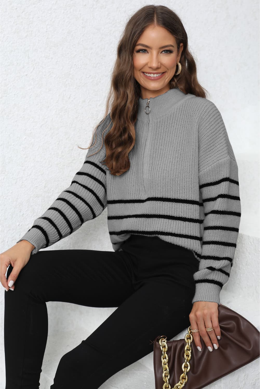 Mock Neck Long Sleeve Zip-Up Sweater - Body By J'ne