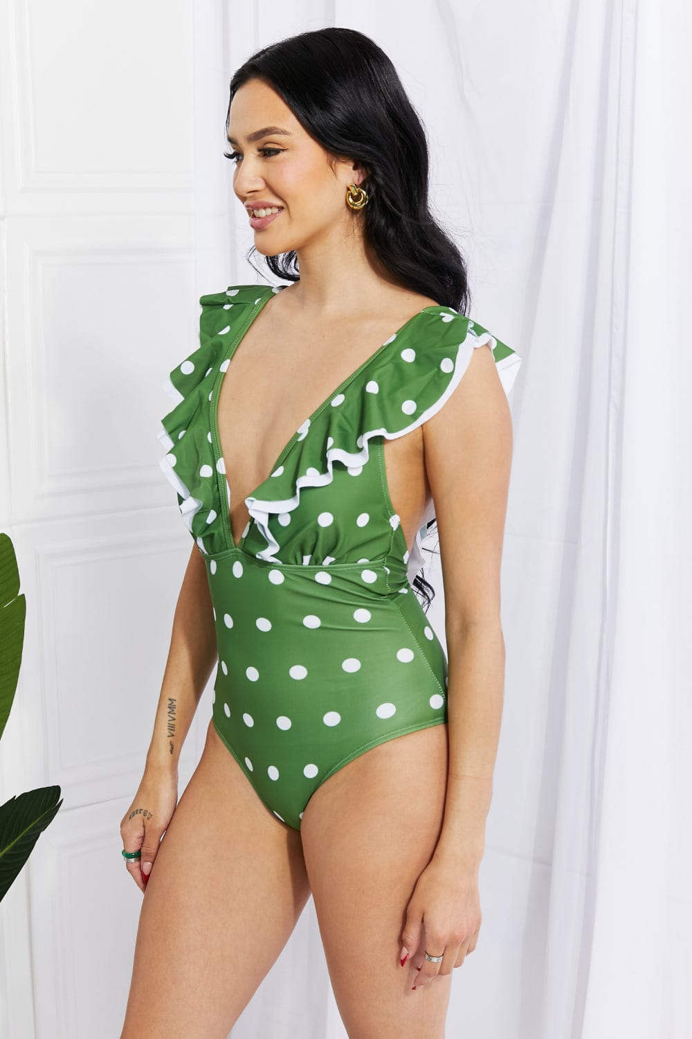 Moonlit Dip Ruffle Plunge Swimsuit in Mid Green - Body By J'ne