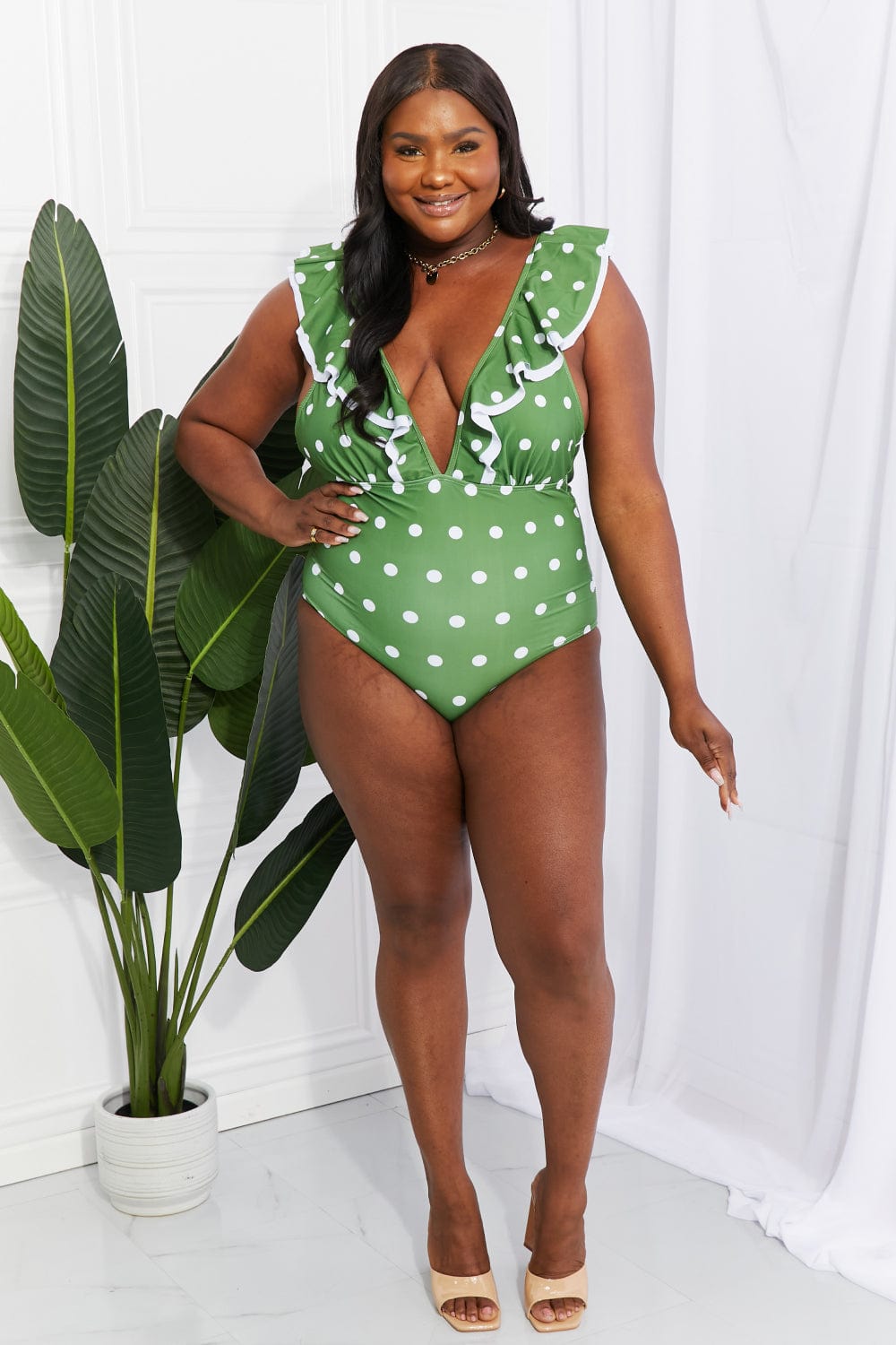 Moonlit Dip Ruffle Plunge Swimsuit in Mid Green - Body By J'ne