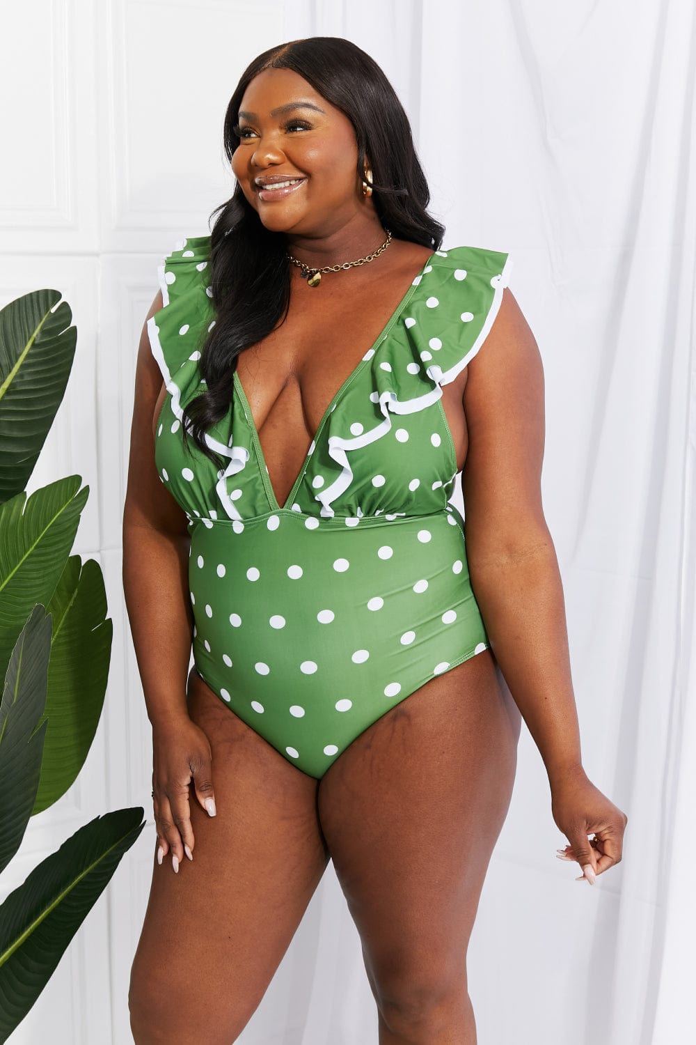Moonlit Dip Ruffle Plunge Swimsuit in Mid Green - Body By J'ne