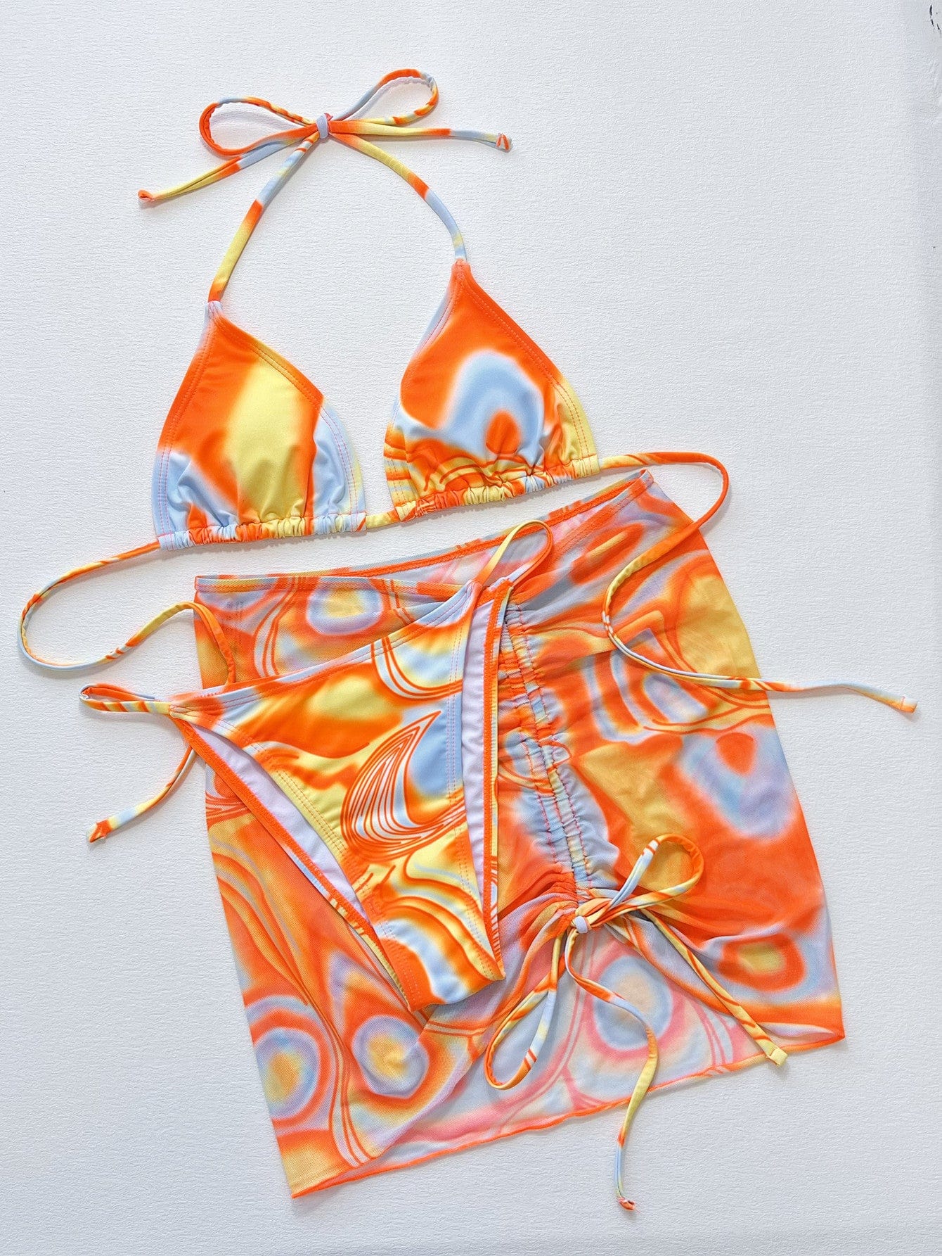 Multicolored Drawstring Ruched Three-Piece Swim Set - Body By J'ne