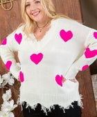 Neon Fuchsia Heart Print Distressed V Neck Long Sleeve Sweater - Body By J'ne