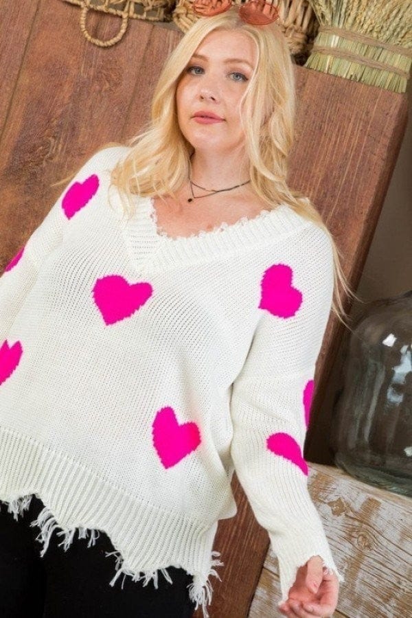 Neon Fuchsia Heart Print Distressed V Neck Long Sleeve Sweater - Body By J'ne