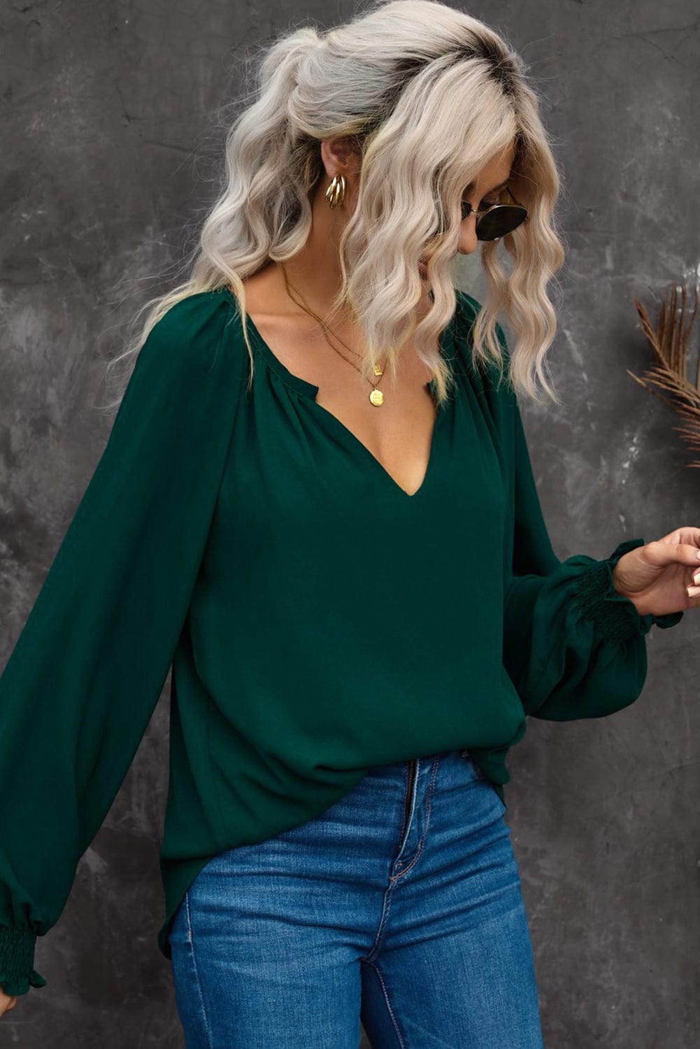 Notched Neck Lantern Sleeve Blouse - Body By J'ne