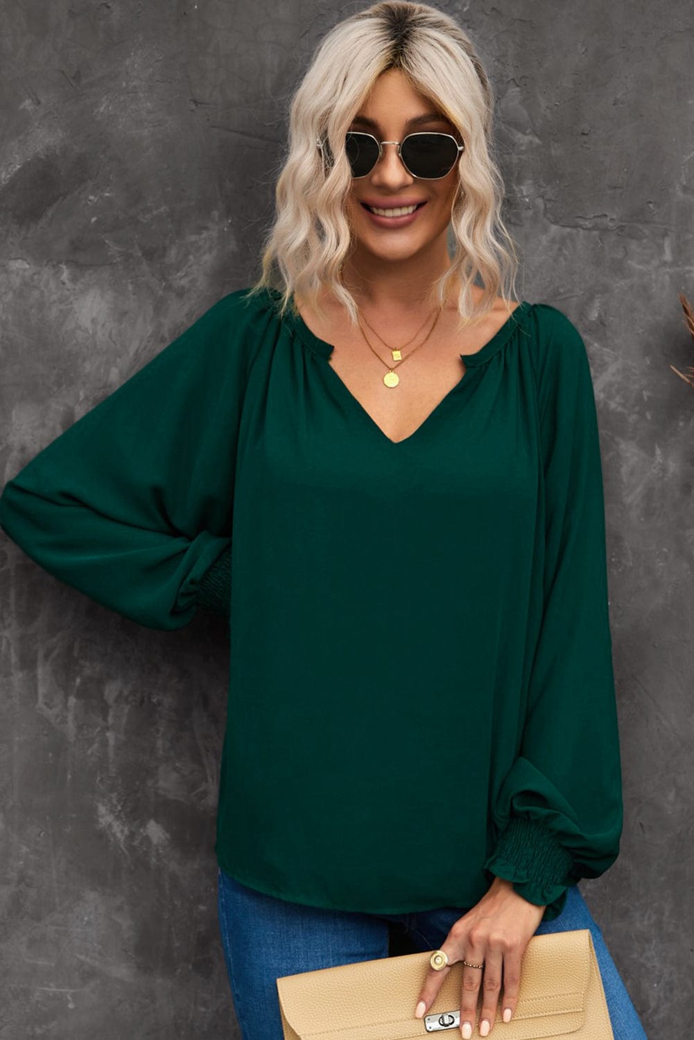 Notched Neck Lantern Sleeve Blouse - Body By J'ne