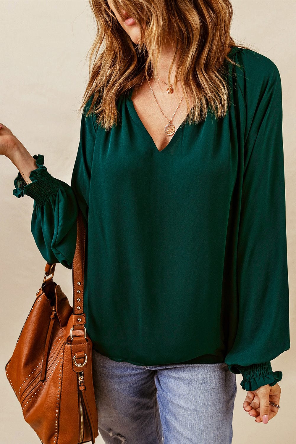 Notched Neck Lantern Sleeve Blouse - Body By J'ne