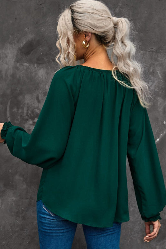 Notched Neck Lantern Sleeve Blouse - Body By J'ne