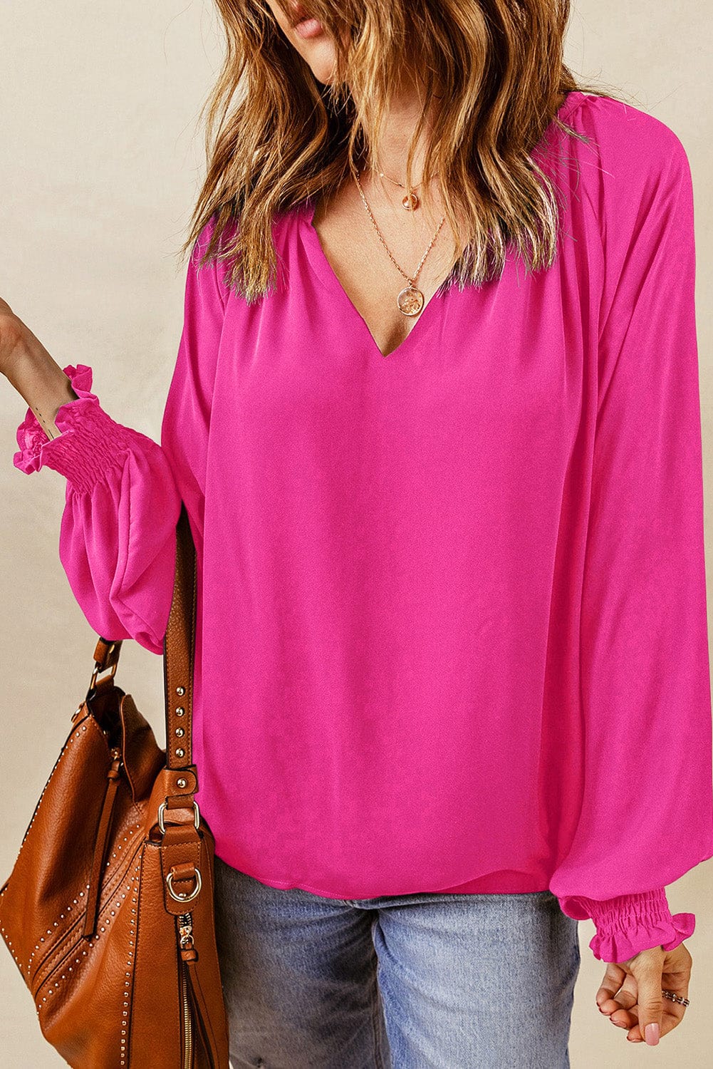 Notched Neck Lantern Sleeve Blouse - Body By J'ne