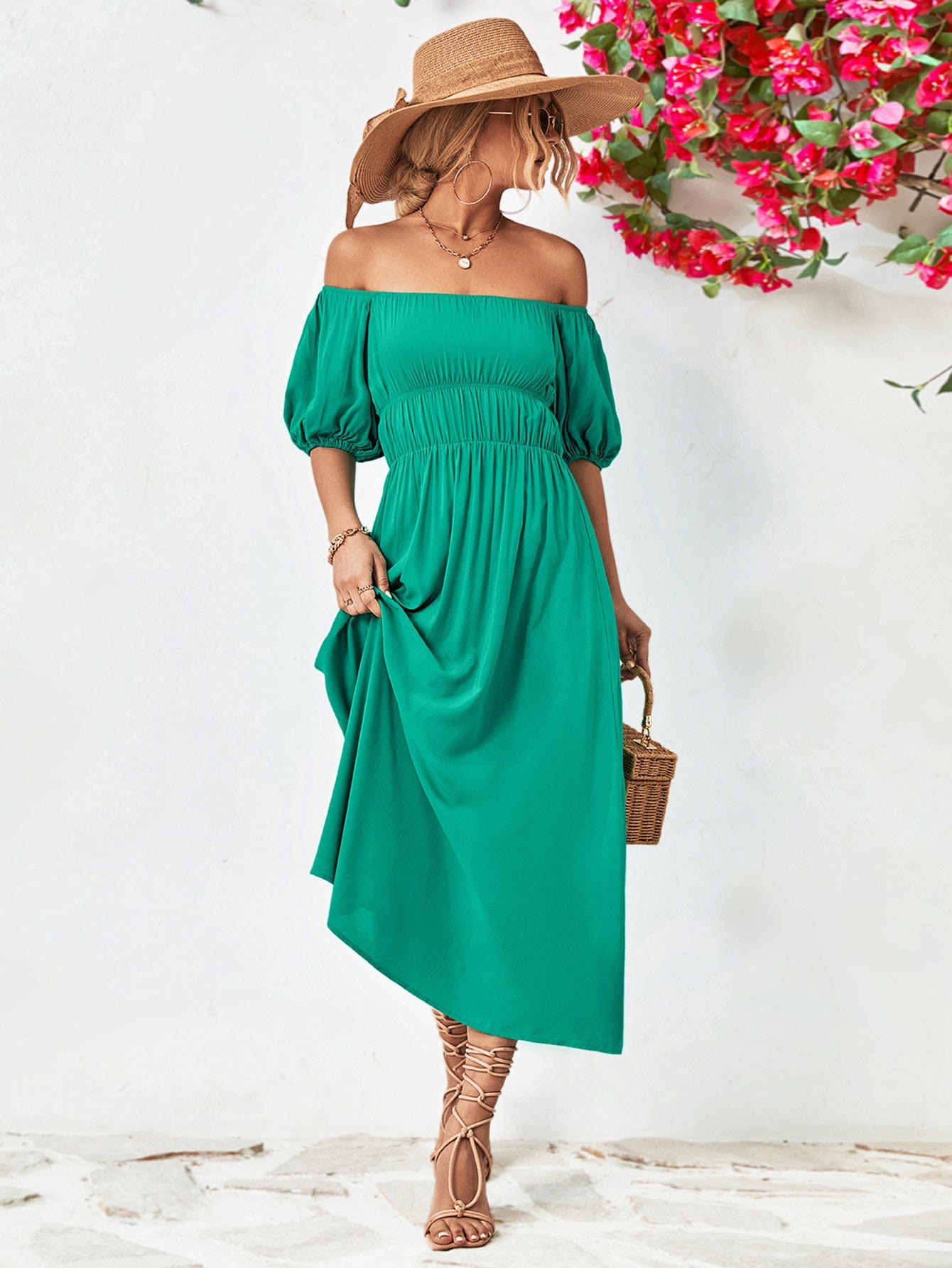 Off-Shoulder Balloon Sleeve Midi Dress - Body By J'ne