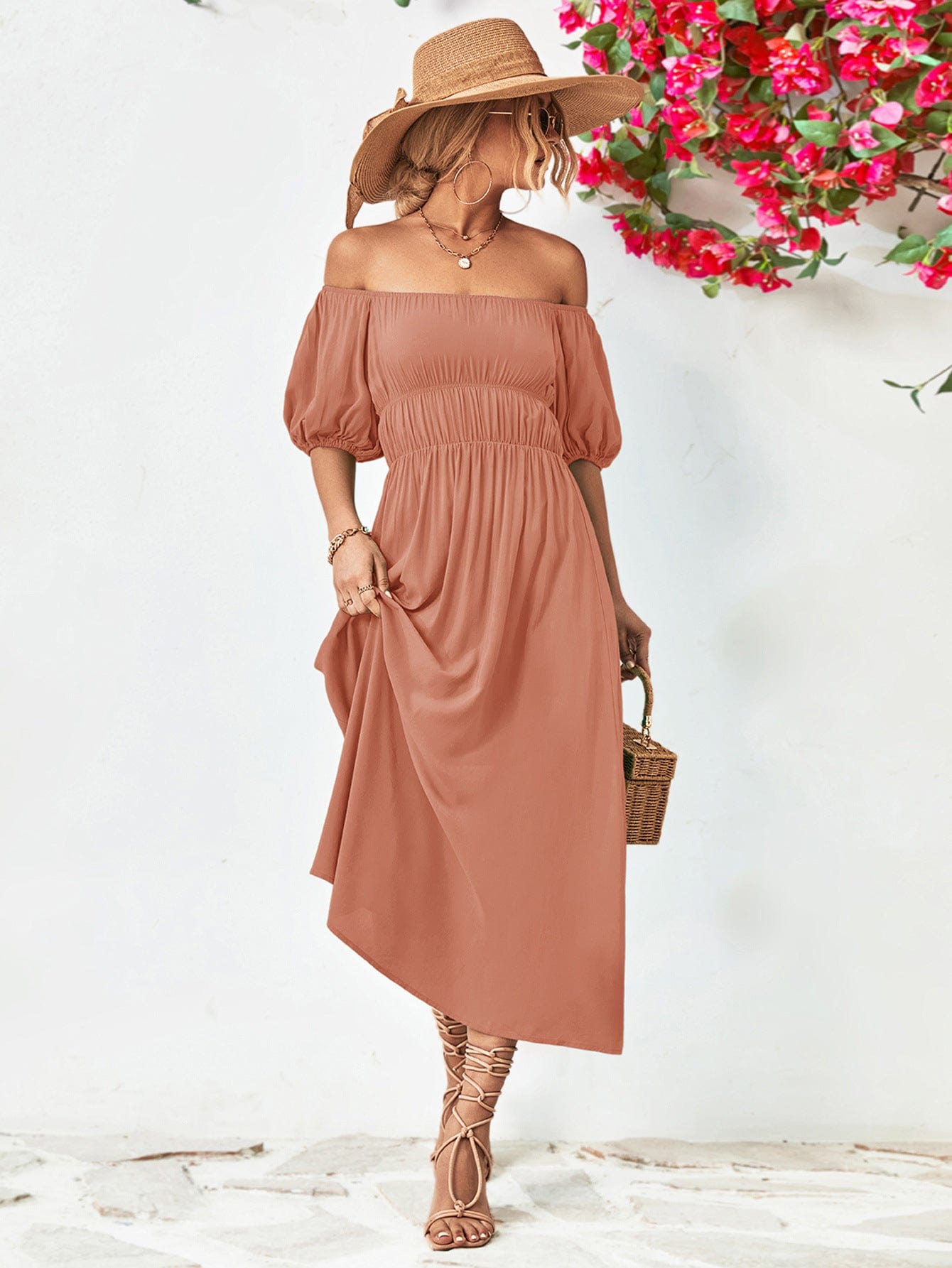 Off-Shoulder Balloon Sleeve Midi Dress - Body By J'ne