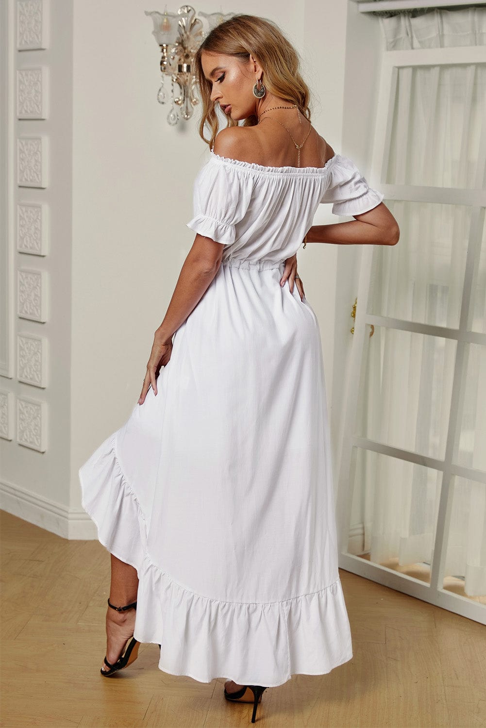 Off-Shoulder Drawstring Waist Ruffled High-Low Dress - Body By J'ne