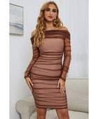 Off-Shoulder Ruched Long Sleeve Tulle Dress - Body By J'ne