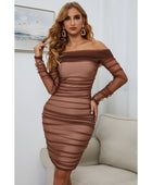 Off-Shoulder Ruched Long Sleeve Tulle Dress - Body By J'ne