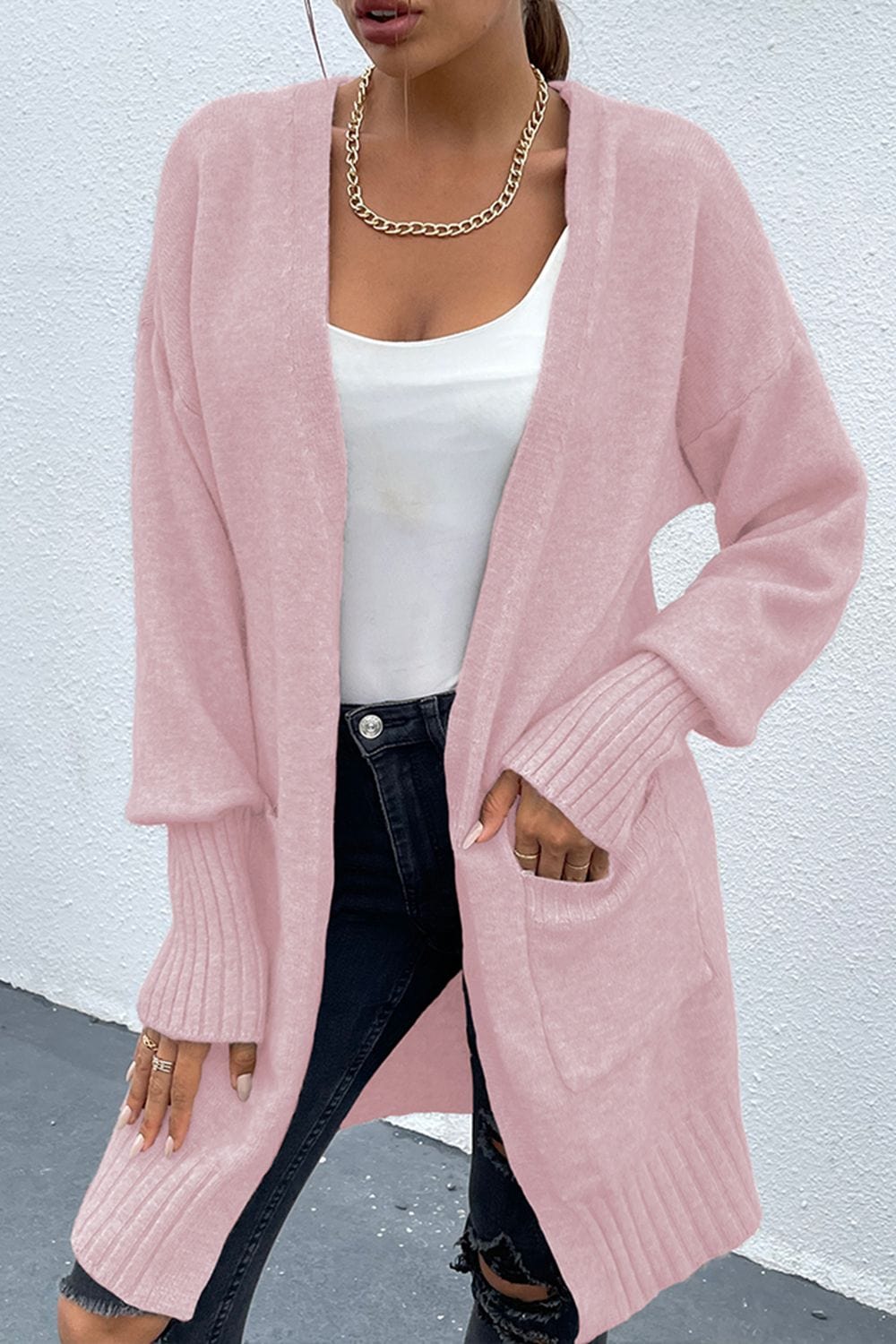 Open Front Dropped Shoulder Pocketed Cardigan - Body By J'ne