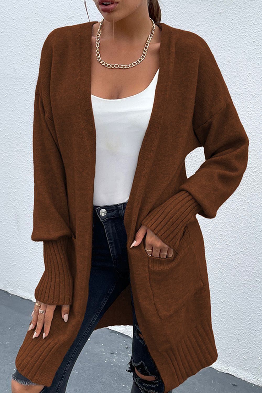 Open Front Dropped Shoulder Pocketed Cardigan - Body By J'ne