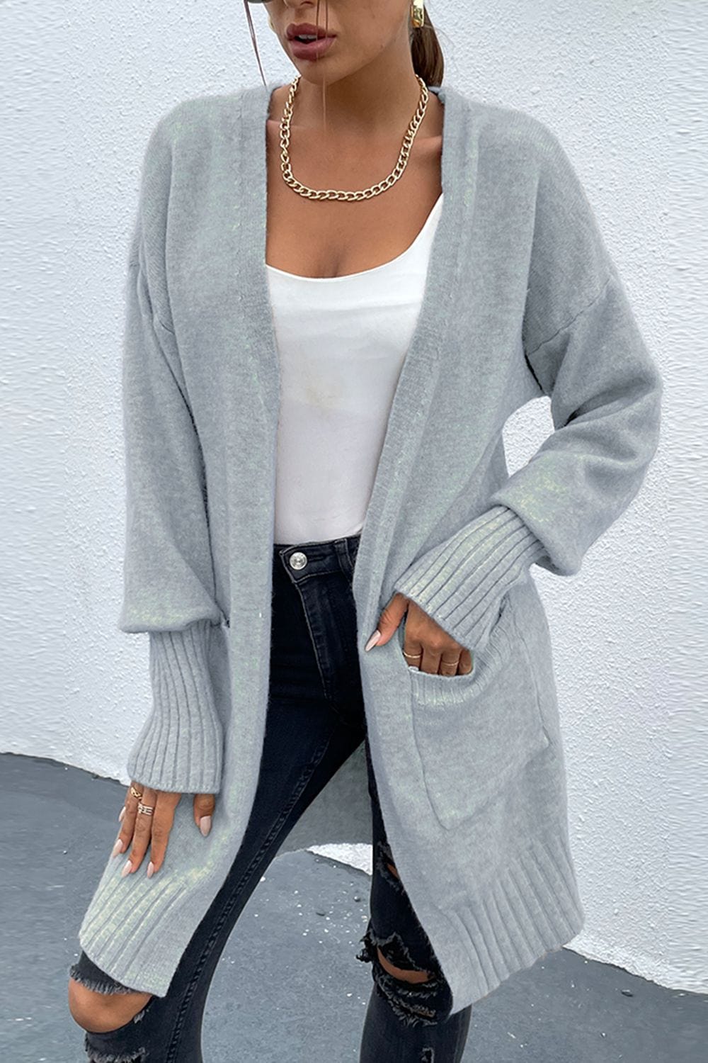 Open Front Dropped Shoulder Pocketed Cardigan - Body By J'ne