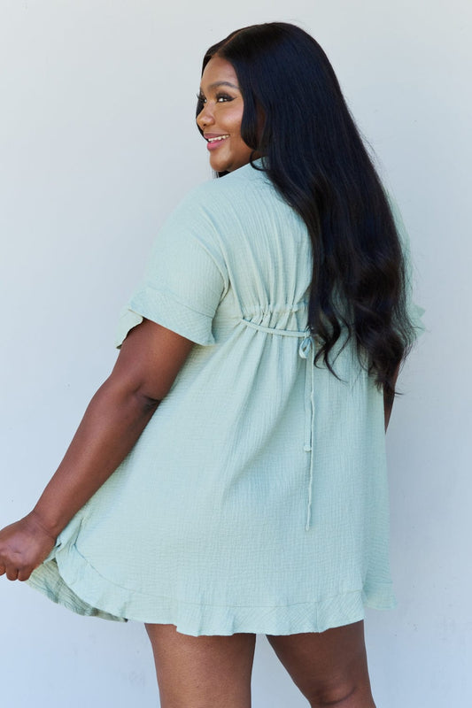 Out Of Time Full Size Ruffle Hem Dress with Drawstring Waistband in Light Sage - Body By J'ne