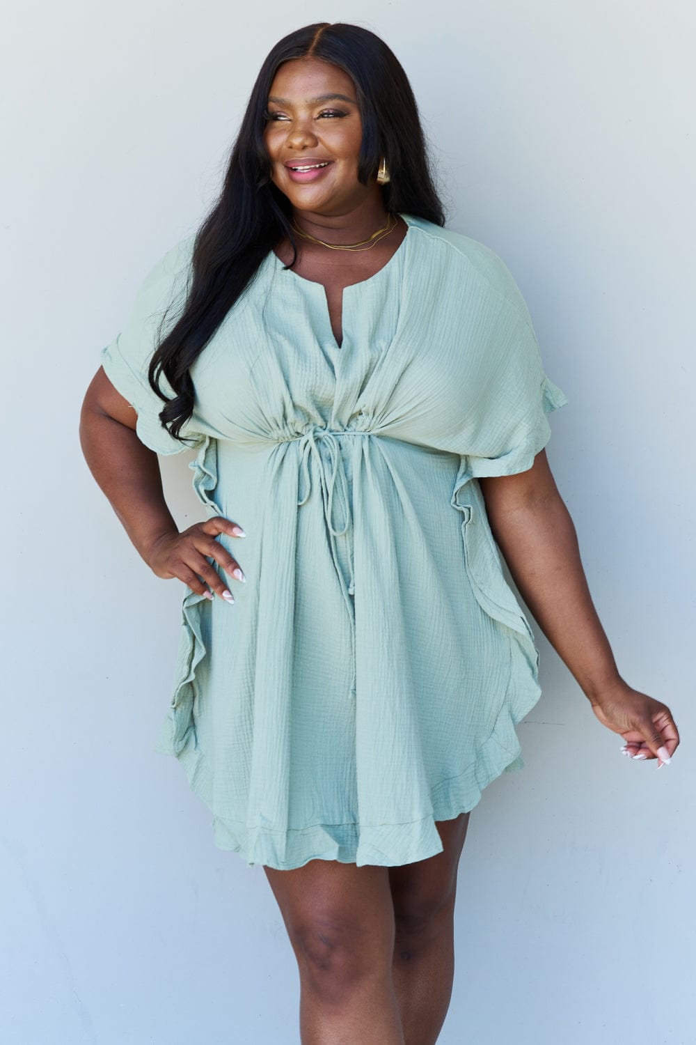 Out Of Time Full Size Ruffle Hem Dress with Drawstring Waistband in Light Sage - Body By J'ne