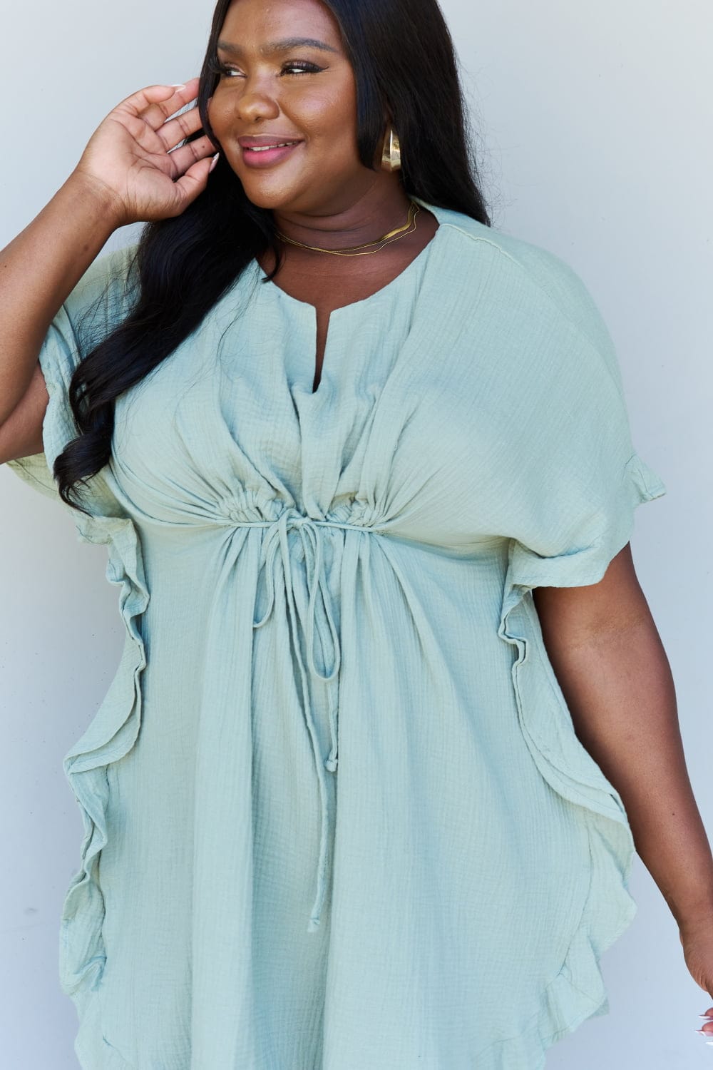 Out Of Time Full Size Ruffle Hem Dress with Drawstring Waistband in Light Sage - Body By J'ne