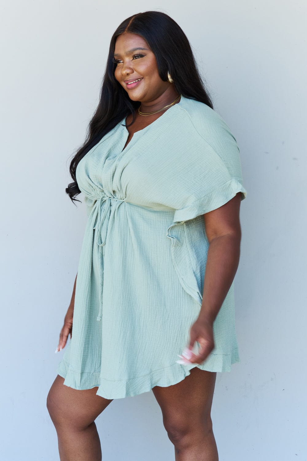 Out Of Time Full Size Ruffle Hem Dress with Drawstring Waistband in Light Sage - Body By J'ne