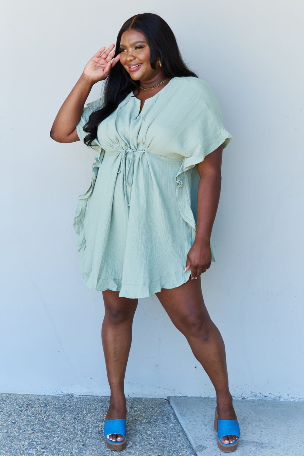 Out Of Time Full Size Ruffle Hem Dress with Drawstring Waistband in Light Sage - Body By J'ne