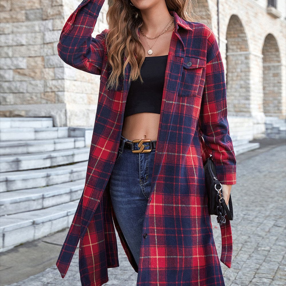 Plaid Belted Button Down Longline Shirt Jacket - Body By J'ne