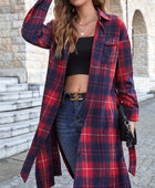 Plaid Belted Button Down Longline Shirt Jacket - Body By J'ne