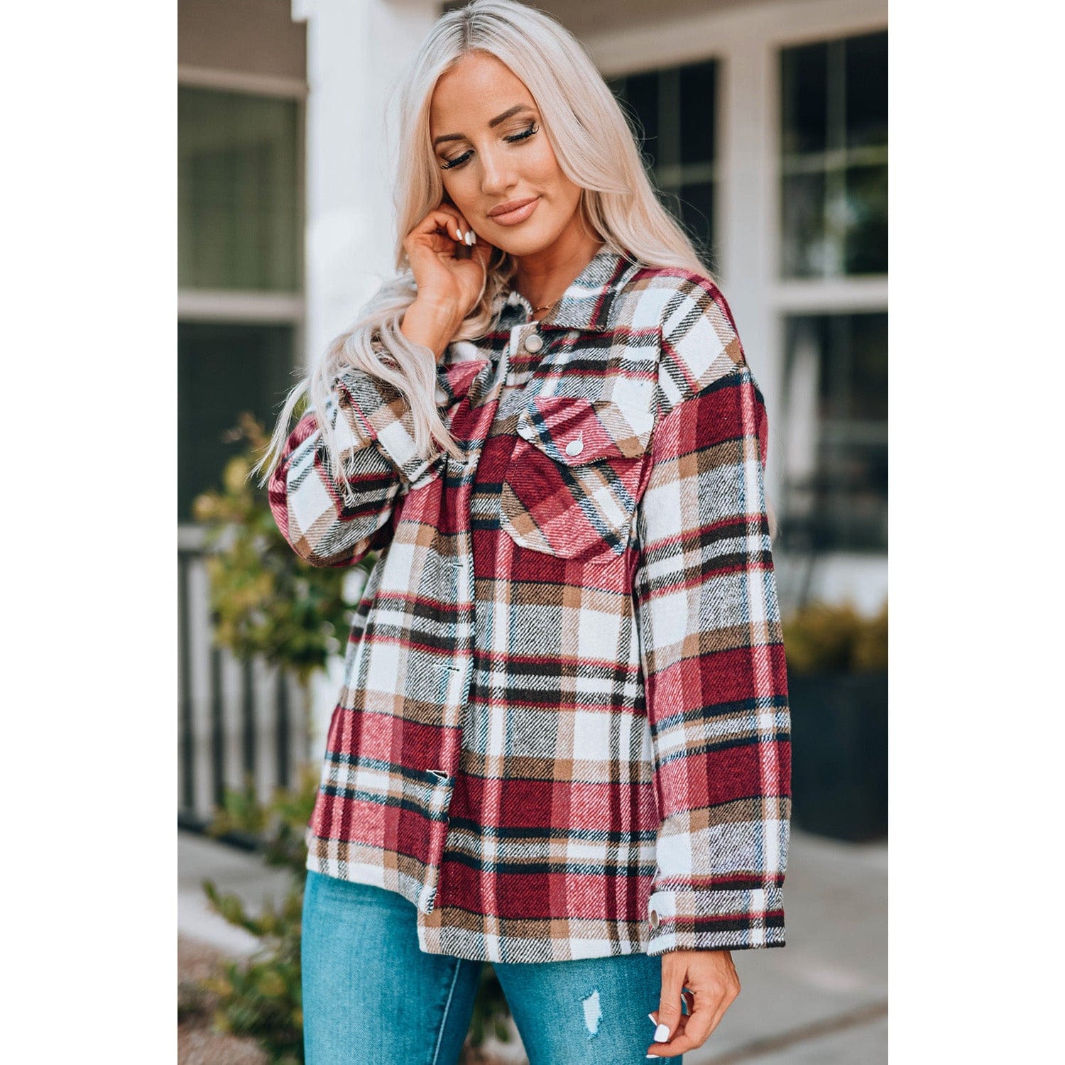 Plaid Button Front Shirt Jacket with Breast Pockets - Body By J'ne