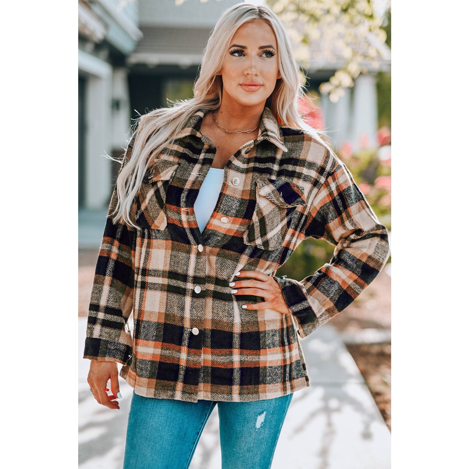 Plaid Button Front Shirt Jacket with Breast Pockets - Body By J'ne
