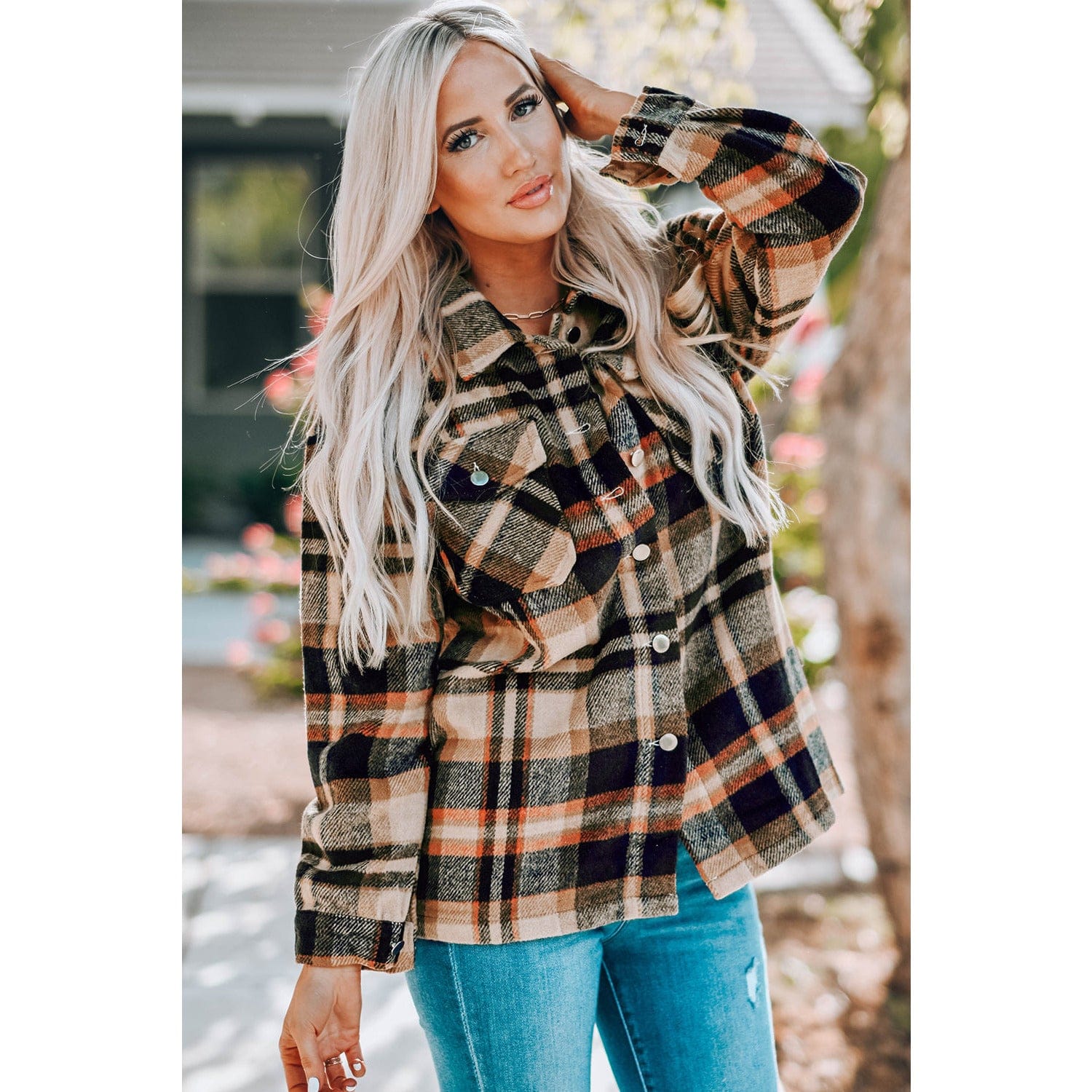 Plaid Button Front Shirt Jacket with Breast Pockets - Body By J'ne