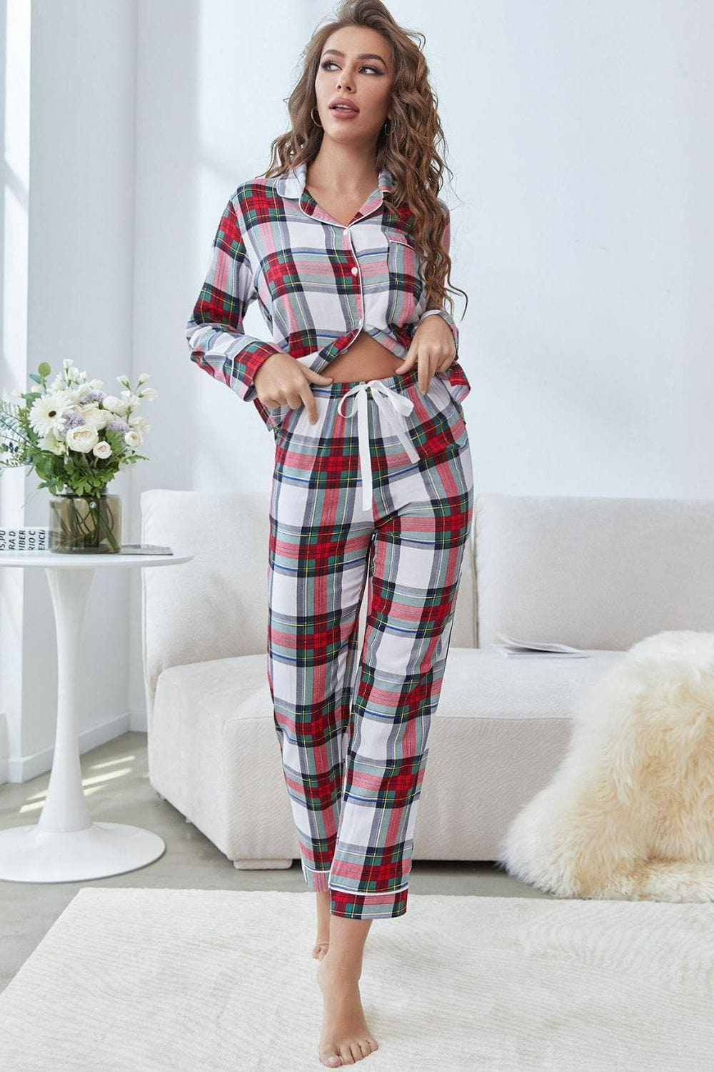 Plaid Button Front Top and Pants Lounge Set - Body By J'ne