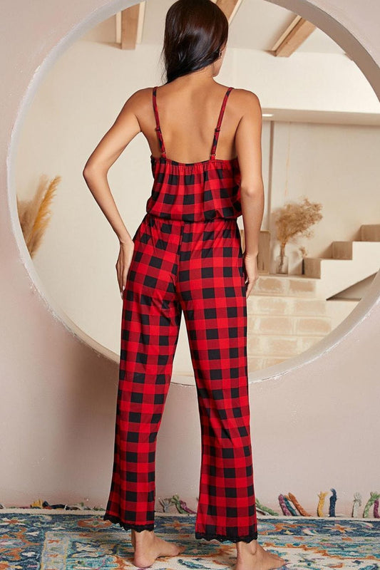 Plaid Lace Trim Spaghetti Strap Jumpsuit - Body By J'ne