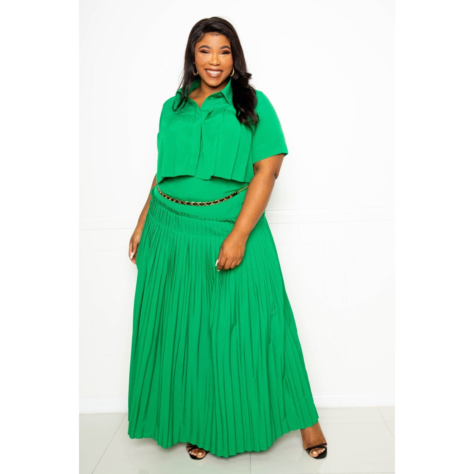 Pleated Cropped Shirt And Maxi Skirt Set - Body By J'ne