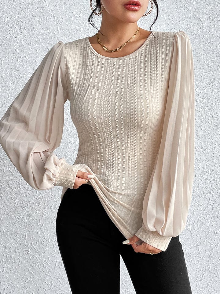 Pleated Puff Sleeve Round Neck Blouse - Body By J'ne