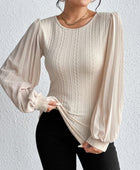 Pleated Puff Sleeve Round Neck Blouse - Body By J'ne