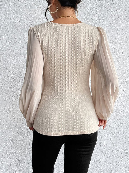 Pleated Puff Sleeve Round Neck Blouse - Body By J'ne