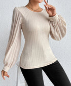 Pleated Puff Sleeve Round Neck Blouse - Body By J'ne