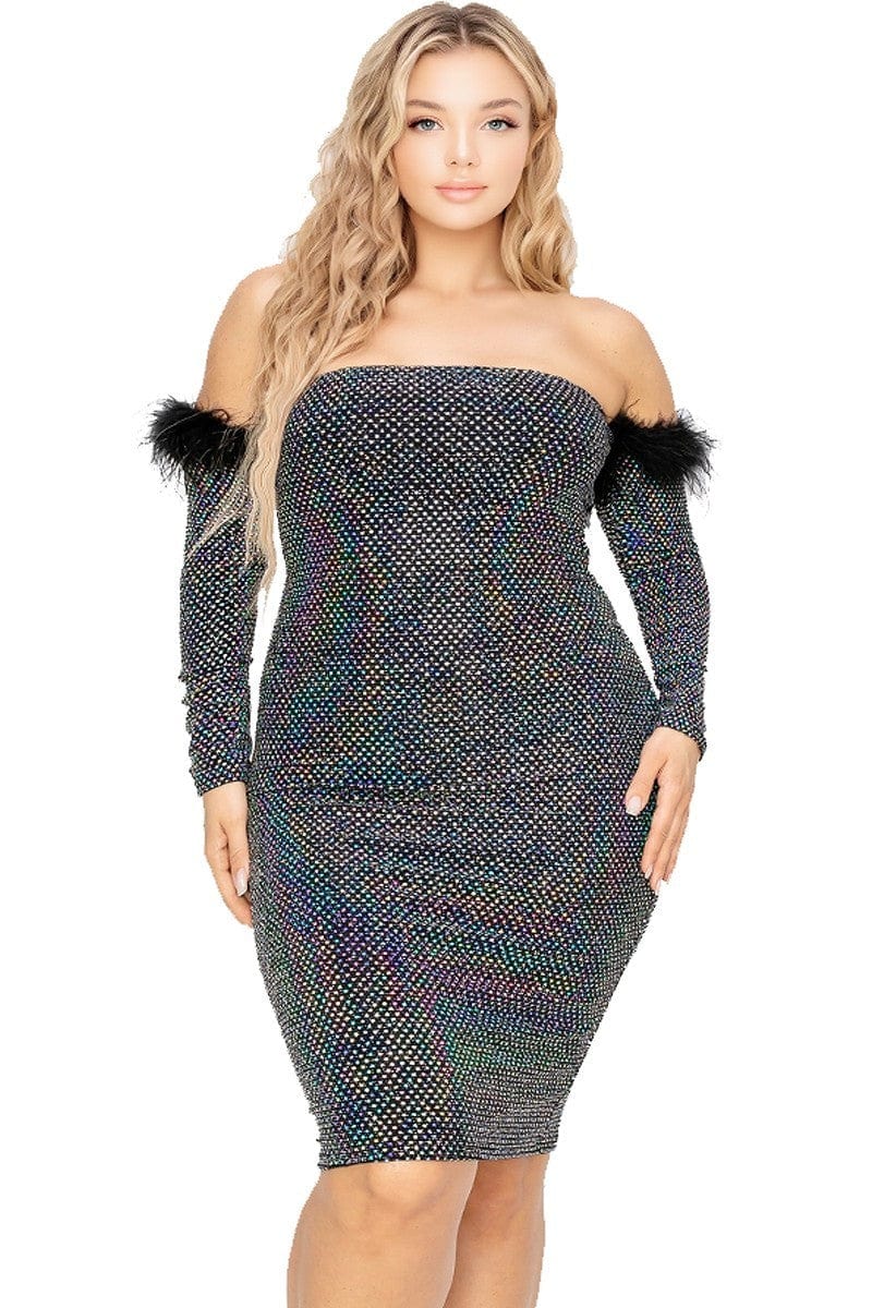 Plus Off Shoulder Feather Trim Detail Sequin Dress - Body By J'ne