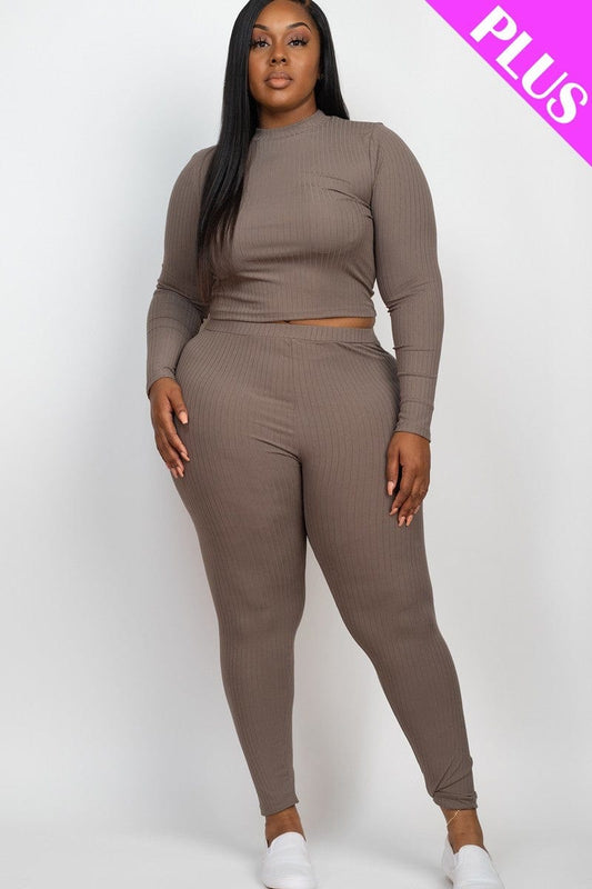 Plus Ribbed Mock Neck Long Sleeve Top & Leggings Set - Body By J'ne