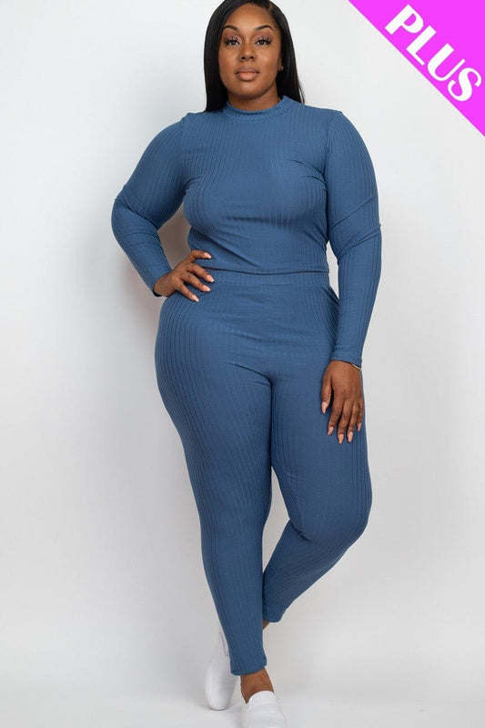 Plus Ribbed Mock Neck Long Sleeve Top & Leggings Set - Body By J'ne