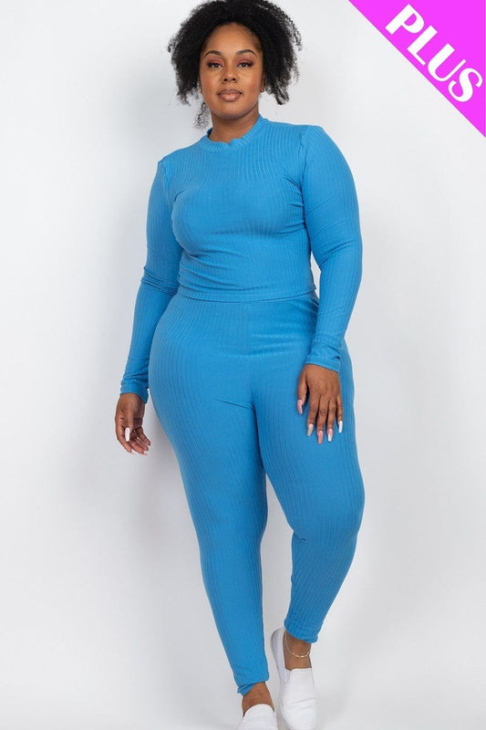 Plus Ribbed Mock Neck Long Sleeve Top & Leggings Set - Body By J'ne