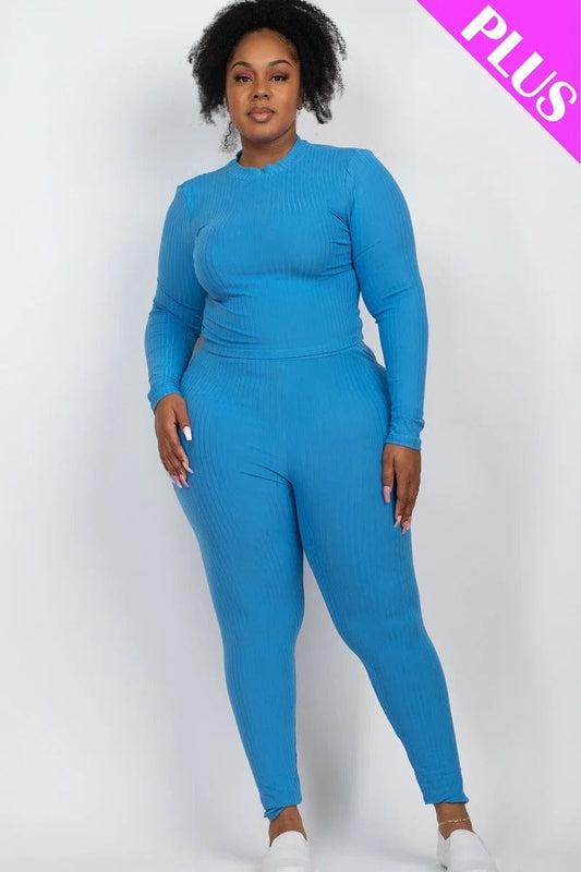 Plus Ribbed Mock Neck Long Sleeve Top & Leggings Set - Body By J'ne