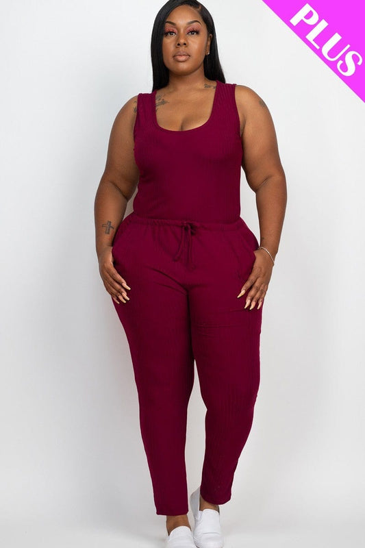 Plus Ribbed Sleeveless Drawstring Jumpsuit - Body By J'ne