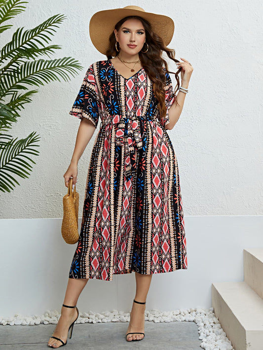 Plus Size Bohemian V-Neck Tie Belt Midi Dress - Body By J'ne