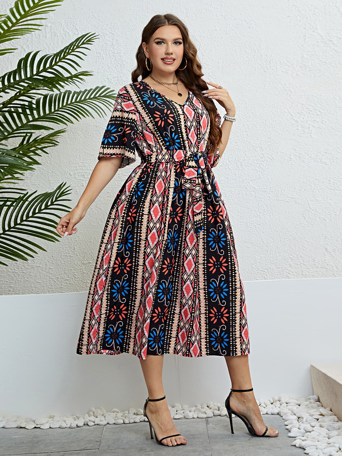 Plus Size Bohemian V-Neck Tie Belt Midi Dress - Body By J'ne
