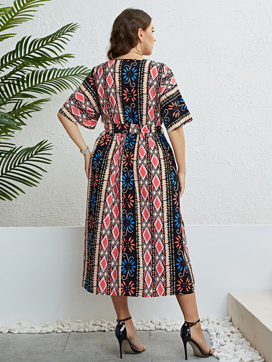 Plus Size Bohemian V-Neck Tie Belt Midi Dress - Body By J'ne