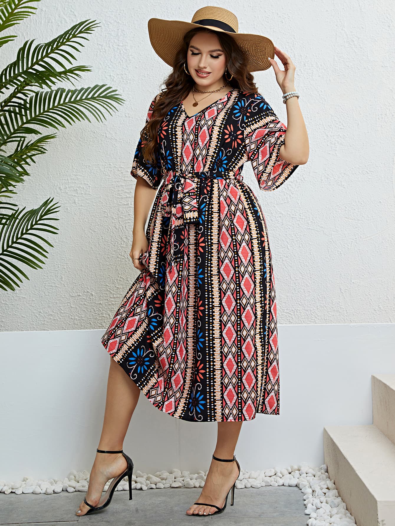 Plus Size Bohemian V-Neck Tie Belt Midi Dress - Body By J'ne