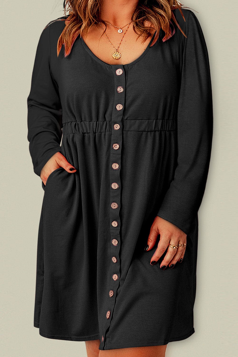 Plus Size Button Front Elastic Waist Long Sleeve Dress - Body By J'ne