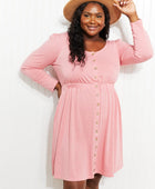 Plus Size Button Front Elastic Waist Long Sleeve Dress - Body By J'ne