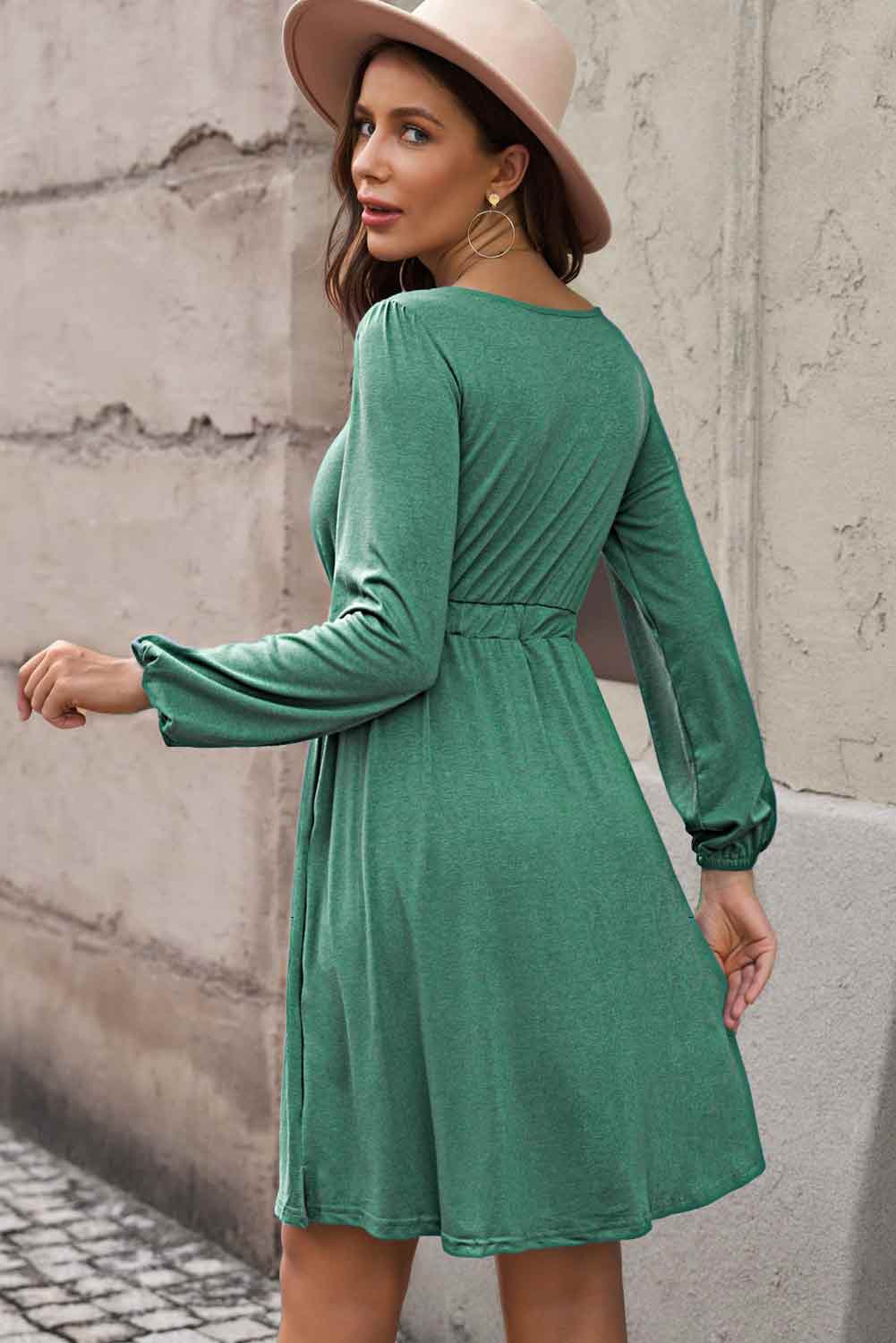 Plus Size Button Front Elastic Waist Long Sleeve Dress - Body By J'ne